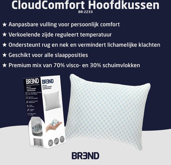 BREND BR-2233 CloudComfort Kopfkissen für Rücken-, Bauch- und Seitenschläfer - 50 x 70 cm - Memory Foam - mit kühler Seite und verstellbarem Komfort - Weiß