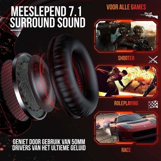 Strex - Gaming Headset - mit Mikrofon – 2,2m Kabel - für PC, PS4, PS5, & Xbox Seies - Schwarz/Rot