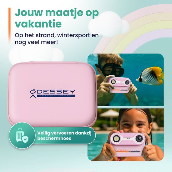 ODESSEY Wasserdichte Kinderkamera – mit Stativ – Full HD – Selfie-Kamera – 32 GB SD-Karte – Foto – Video – Spiele – Digitalkamera für Kinder – Fotokamera für Kinder – Rosa