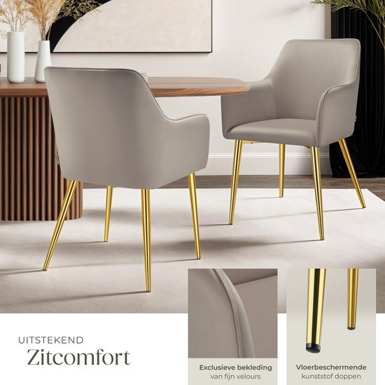 tectake Esszimmerstuhl Avane - Samtoptik - Gepolsterter Stuhl mit ergonomischen Armlehnen - Schlanke Stahlbeine in Gold - Belastbarkeit 120 kg - Komfortabler Ess- und Küchenstuhl - 2er-Set - Taupe