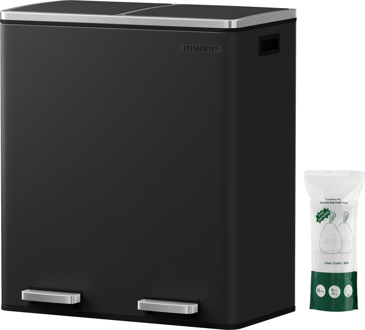 O'DADDY® Mülltrenner - Mülleimer 60L (2x 30L) - Treteimer - 59 x 65 x 32 cm - Schwarz
