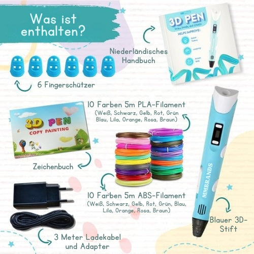 MM Brands - 3D Stift - Starter Pack - inkl. 100m Filament in 10 Farben - Extra langes Ladekabel - Geeignet für ABS & PLA Filament - Blau