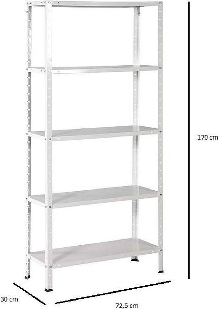 Lagerregal - 300 kg Kapazität - 170 cm hoch - 73 cm breit - 5 verstellbare Fachböden - Metall - Weiß