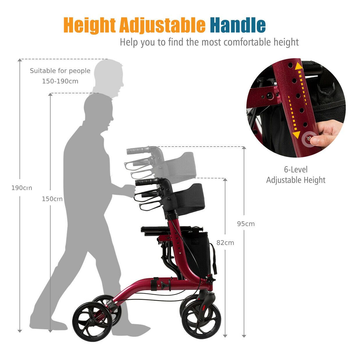 Coast Faltbarer Aluminium Rollator mit 4 Rädern, Rot - 54 x 74 x 82-95 cm