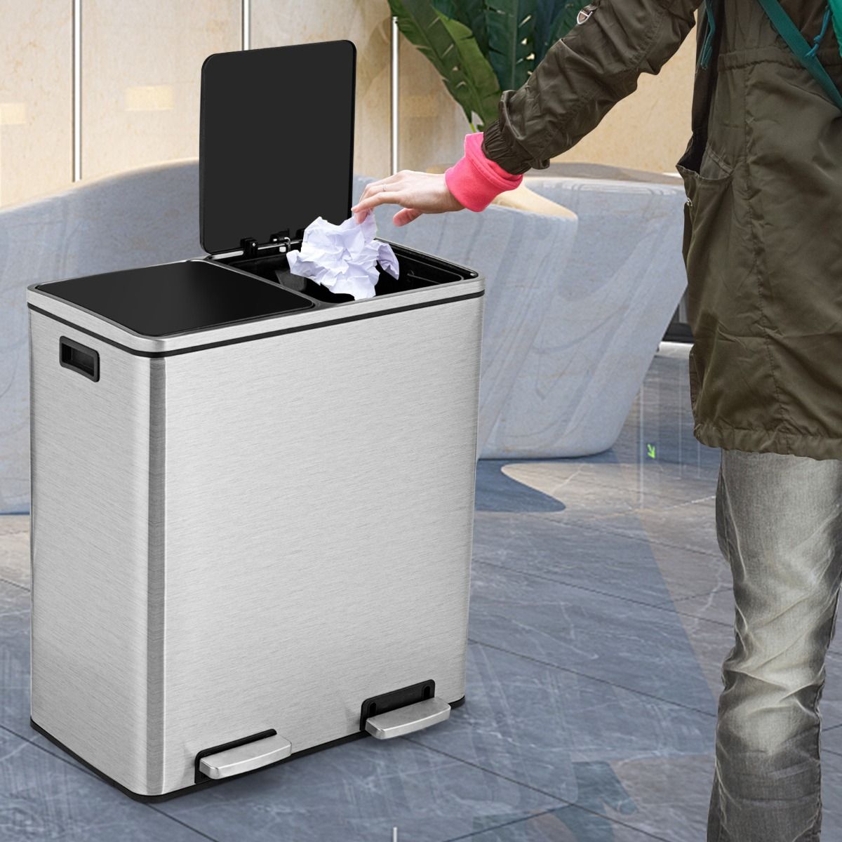 Coastal Double Waste Bin - 2x30L - Herausnehmbarer Inneneimer - Edelstahl - 58,5 x 32 x 65 cm - Silber