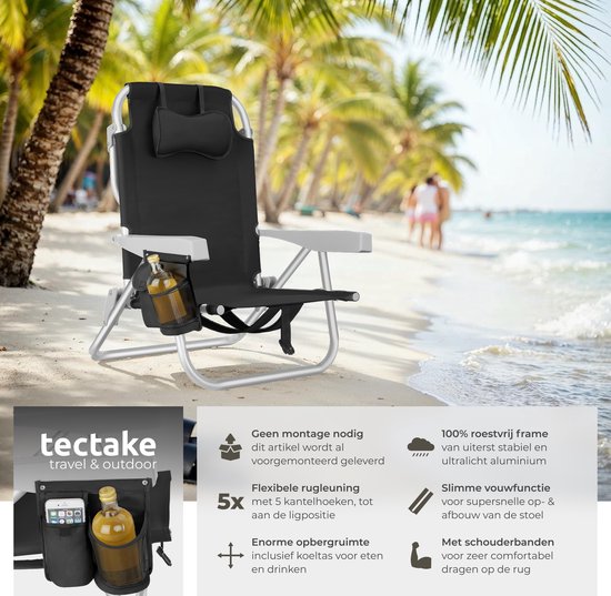 tectake® Beach Chair Coral - faltbarer Campingstuhl mit Kühltasche und Aufbewahrungstasche - 5-fach verstellbare Rückenlehne mit Kopfkissen - breite Armlehnen mit Becherhalter / Telefonhalter - faltbarer Campingstuhl - Schwarz