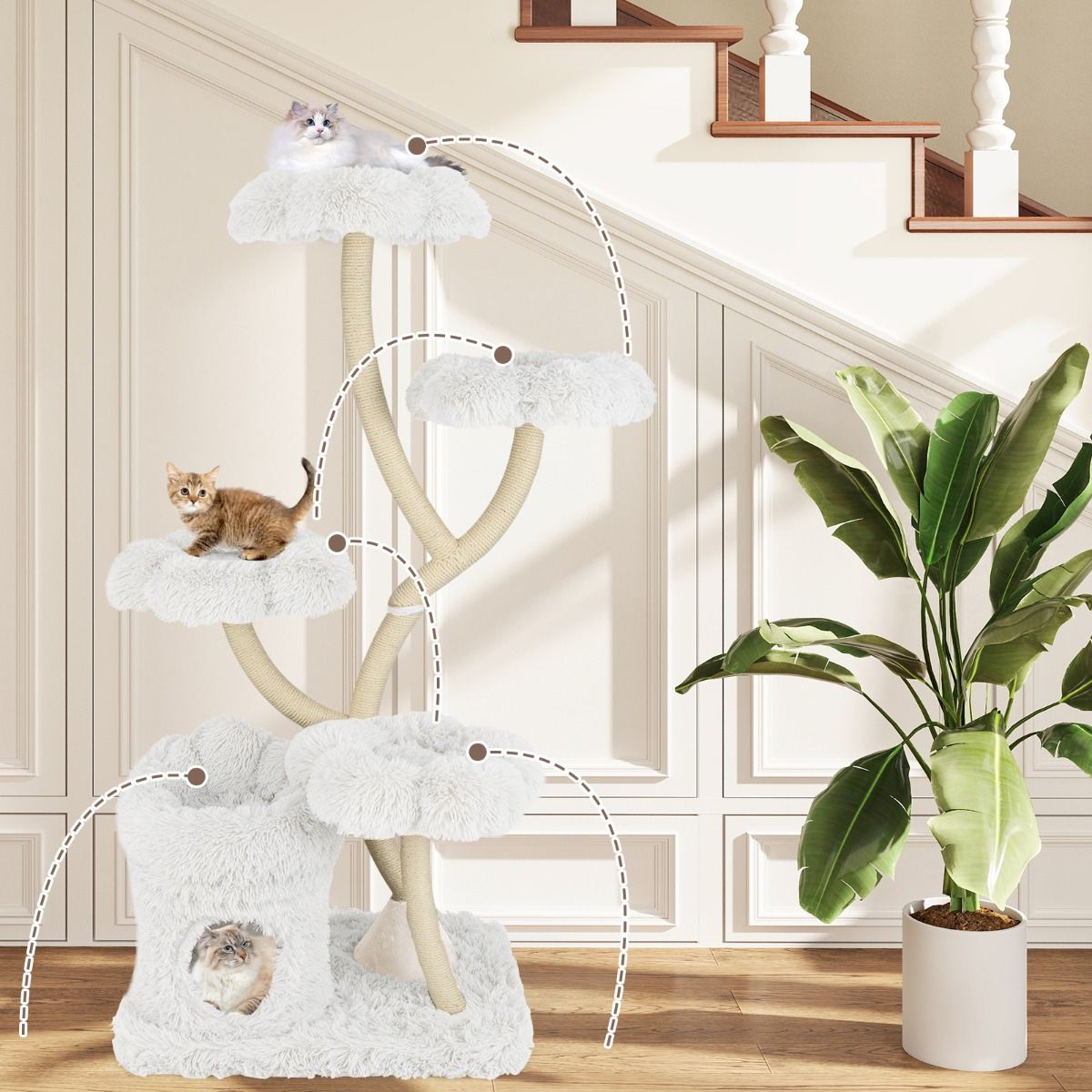 Coast Kratzbaum 165 cm Weiß - Katzenkletterturm mit 4 Plattformen, Sisalkratzbaum und Katzenhaus