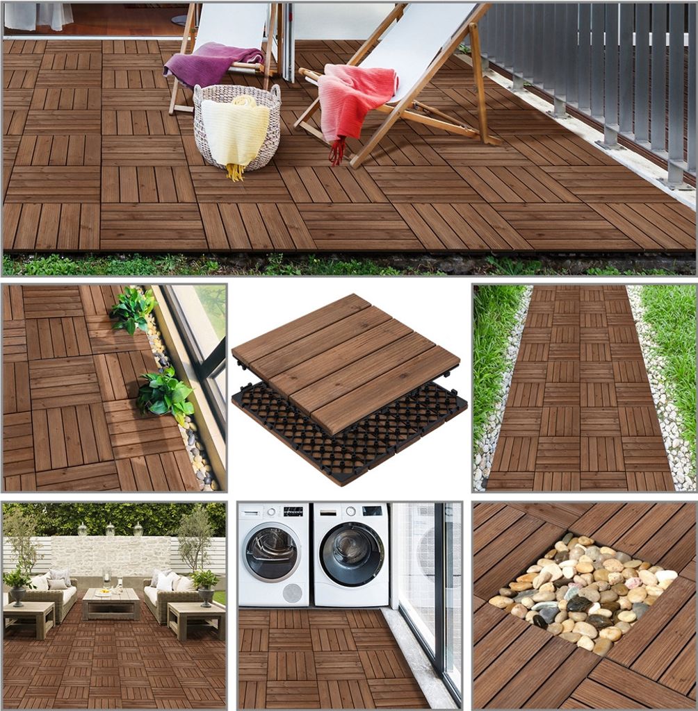 Yaheetech Holz-Klickfliesen – 11 Stück – ca. 1 m² – 30 x 30 cm – Braun
