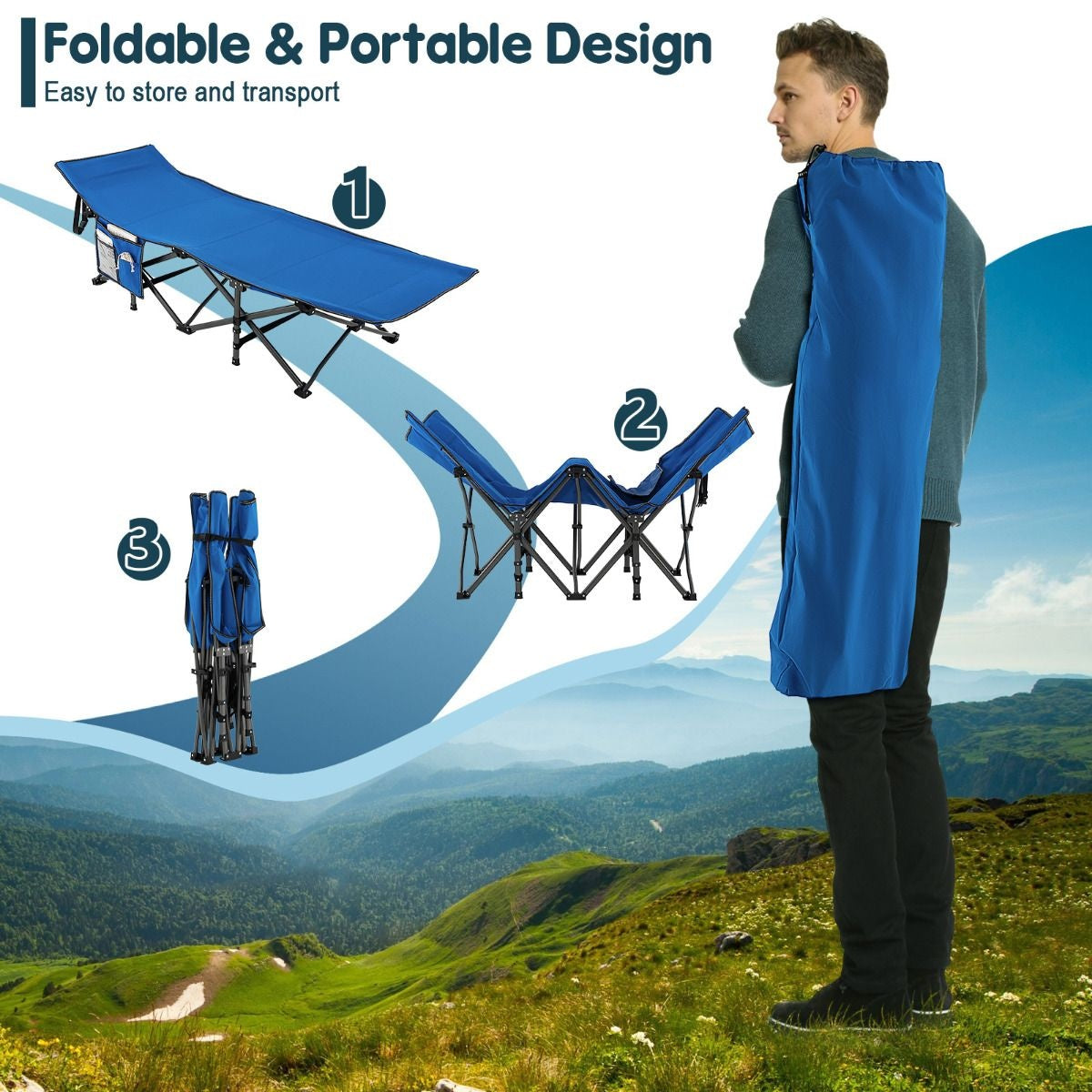 Coast Campingbett - mit Seitentasche - faltbar - Reisestuhl - max 272 kg - blau