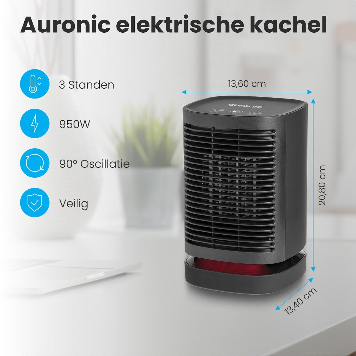 Auronic Elektrische Heizung - Heizlüfter - 3 Stufen - 950W - LED-Anzeige - Rotierend - Schwarz