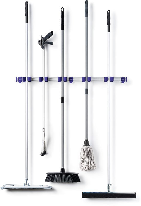 Toolflex Besenhalter und Aufhängesystem für Gartengeräte – Geeignet für Werkzeuge mit einem Durchmesser von 15–35 mm – Aluminiumschiene – 94 cm – Inkl. 5 Werkzeughalter und Befestigungsmaterial – Lila