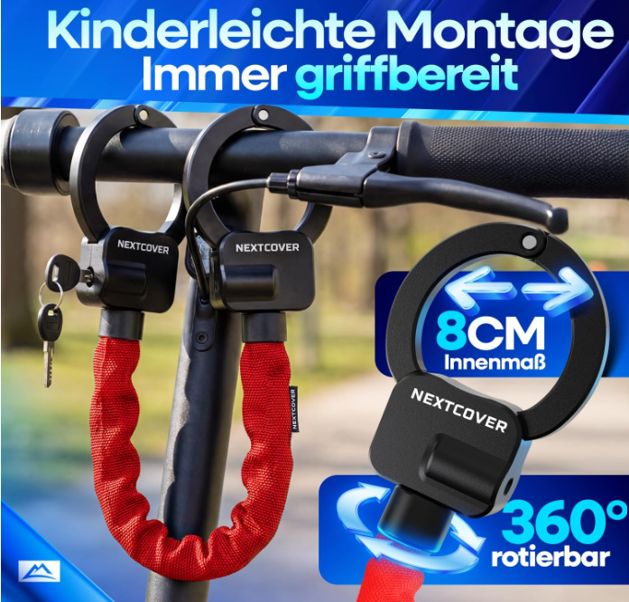 NEXTCOVER E-Scooter-Schloss im Handschellen-Design – 90 cm – Rot – legierter Stahl – 3 Schlüssel