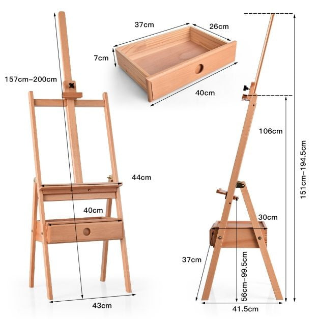 Coast Art-Ezel Floor Painter's Easel mit Schublade aus Buchenholz Painter's Easel mit verstellbarem Regal Natur