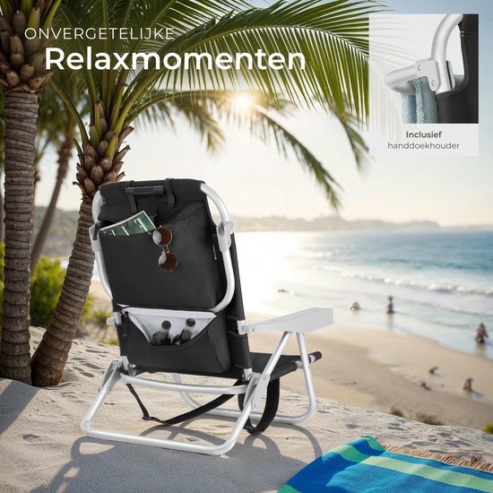 tectake® Beach Chair Coral - faltbarer Campingstuhl mit Kühltasche und Aufbewahrungstasche - 5-fach verstellbare Rückenlehne mit Kopfkissen - breite Armlehnen mit Becherhalter / Telefonhalter - faltbarer Campingstuhl - Schwarz