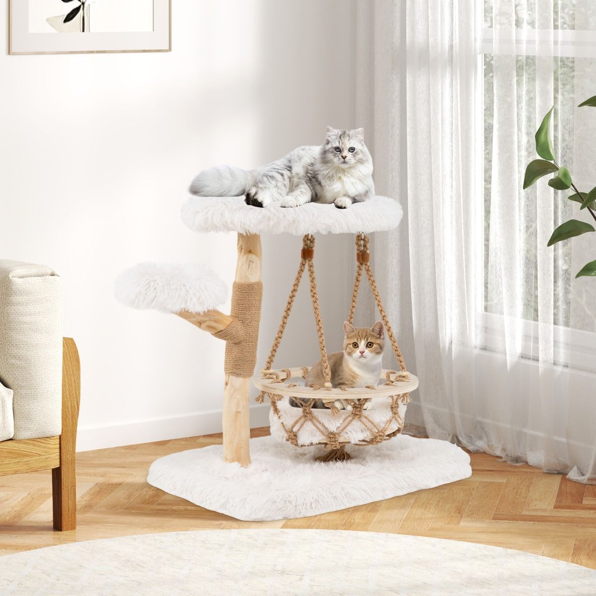 Coast Kratzbaum für Katzen – Massivholz mit Hängekorb und Sisal – Natur und Weiß – 64 x 44 x 66 cm