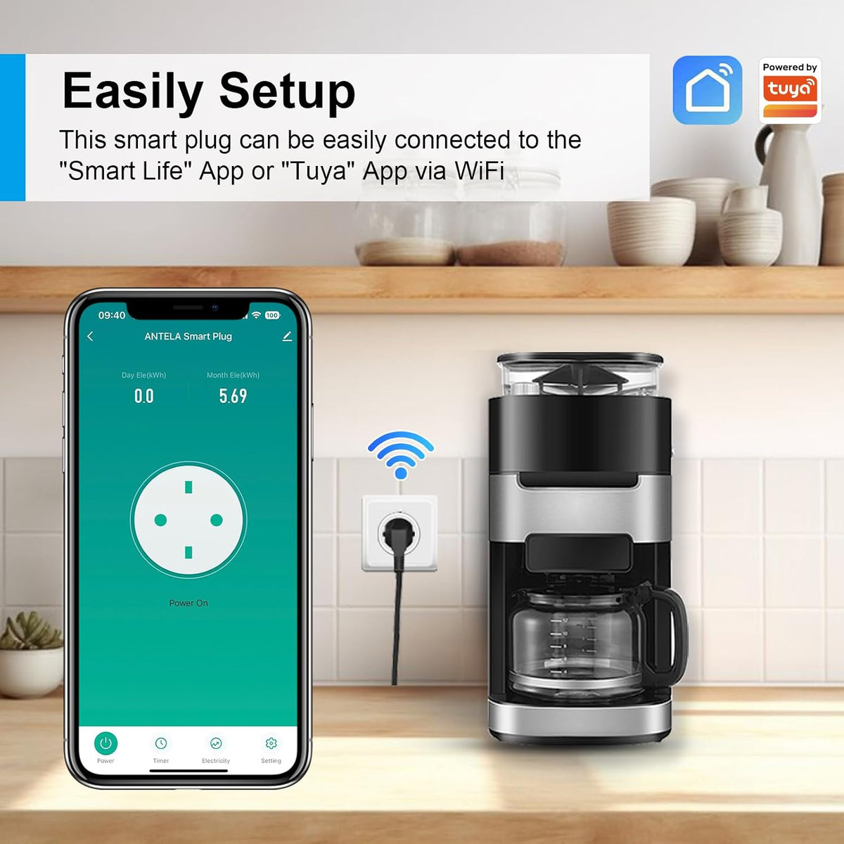 Antela Smart-Steckdose mit Energieverbrauchsanzeige, 2er-Set – WLAN und Sprachsteuerung – Weiß – Feuerfestes ABS
