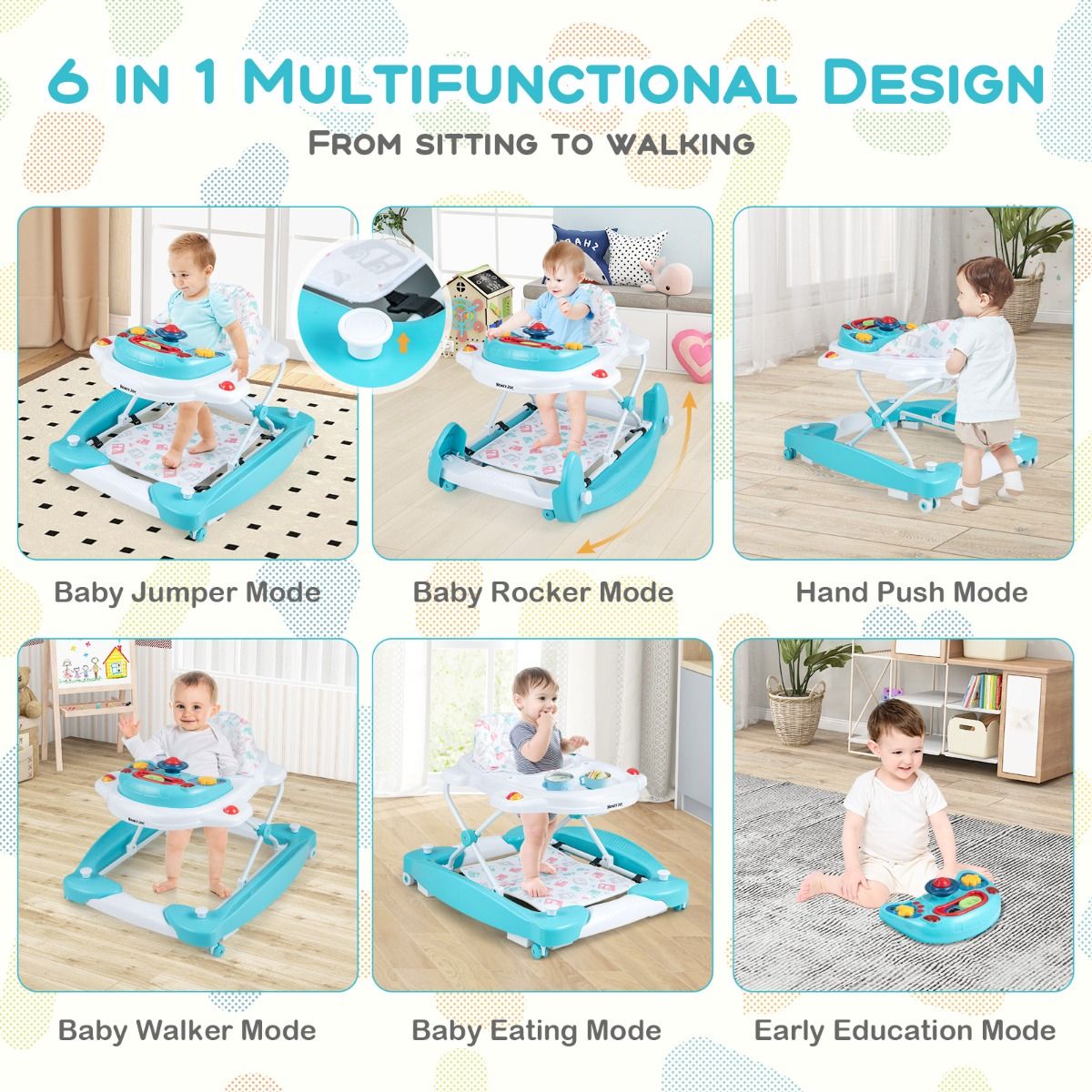 Coast 6-in-1 Lauflernwagen 71,5 x 62 x 50,5-54,5 cm Weiß/Blau mit abnehmbarem Spielbrett und verstellbarem Fußpolster