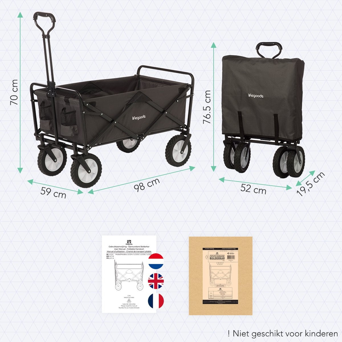 LifeGoods Wagon - faltbar - drehbare Räder - 2 Ständer - 70KG Tragfähigkeit - Grau