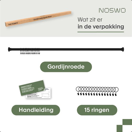 Noswo Vorhangstange ohne Bohren - 130-230 cm - Inklusive 15 Ringe - Ausziehbar - Duschstange - Duschvorhangstange - Klemmstange - Selbstspannend - Schwarz