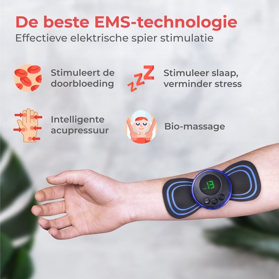 Nuvance - EMS-Massagegerät mit Steuerung - Inkl. eBook und 6 wiederverwendbaren Massagematten - Stimuliert die Durchblutung - Geeignet für Rücken, Arme und Beine - Kabellos - 8 Stufen und 19 Intensitäten - Schwarz/Blau