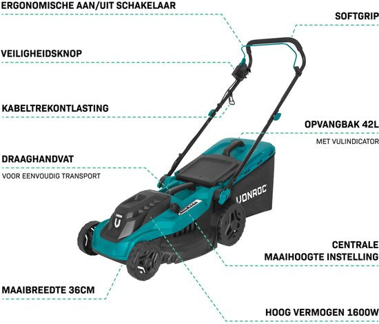 VONROC Rasenmäher - 1600W - 38 cm Schnittbreite - Fünf einstellbare Schnitthöhen: 25/40/50/60/70 mm - Inkl. 42L Auffangbehälter