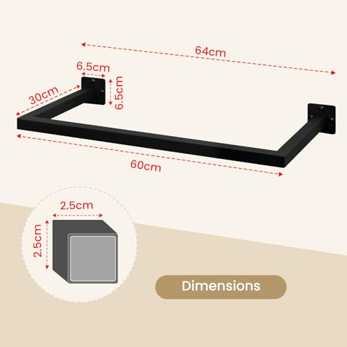 eSituro Industrielle Wandkleiderstange – Schwarz – 64 x 6,5 x 30 cm
