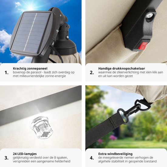 tectake - Sonnenschirm 250cm mit Solar Led Beleuchtung - Sonnenschirme - Schwebender Sonnenschirm - Solarenergie - Inkl. Solarpanel - Gartenbeleuchtung - beige