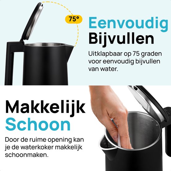 MOA Wasserkocher - Mit Temperaturkontrolle - 1,7 Liter - Doppelwandig - Warmhaltefunktion - Elektrisch - 2200W - Schwarz
