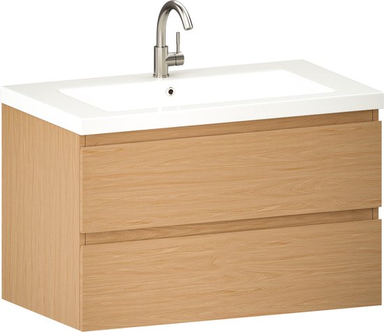 Mirlux Badezimmerschrank in heller Eiche, 80 cm – Waschbecken in Weiß – Badezimmerschrank-Set – Waschbeckenunterschrank in heller Eiche