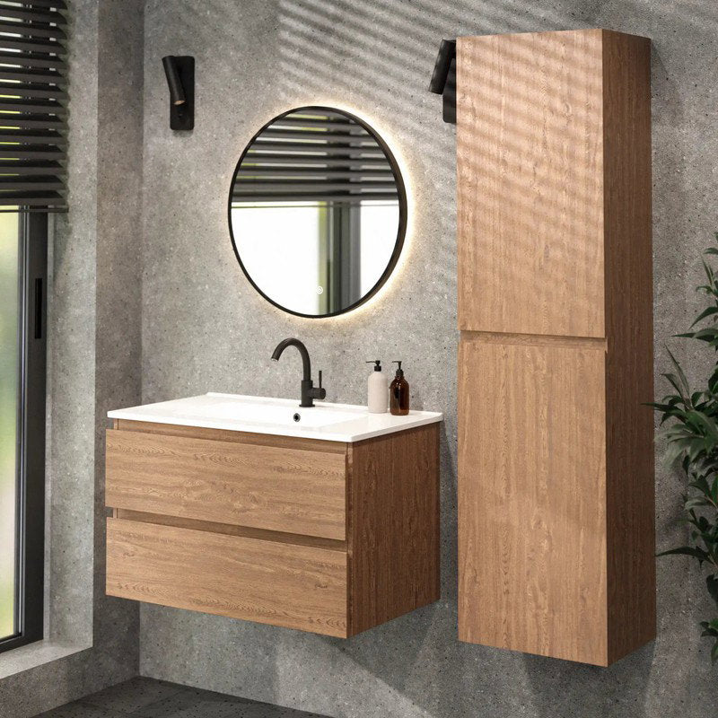 Mirlux Badezimmerschrank Luma 80 cm – Warme Eiche – Weißes Waschbecken
