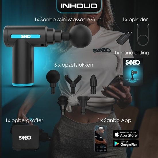 Sanbo Massage Gun Mini - Sport- und Entspannungsmassagegerät - Leistungsstark - Kabellos - Inklusive Koffer - Mit 5 Aufsätzen - Schwarz/Blau - Massage Gun Professional
