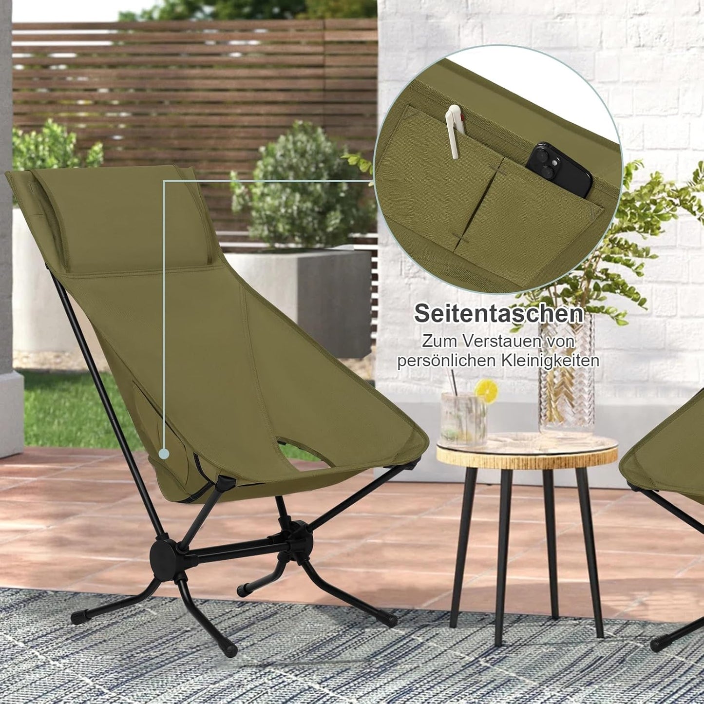 Woltu Faltbarer Campingstuhl Grün 56 x 72 x 88 cm - Leichter Angelstuhl mit hoher Rückenlehne und Tragetasche - Belastbar bis 150 kg