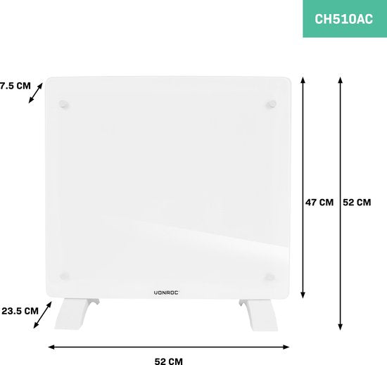 VONROC Luxury electric heater - Mit Glasscheibe - 500W/1000W - Beheizt Räume bis zu 12m2 - Gesteuert sowohl mit App (über Wifi) als auch manuell - Thermostat und Timer - Weiß