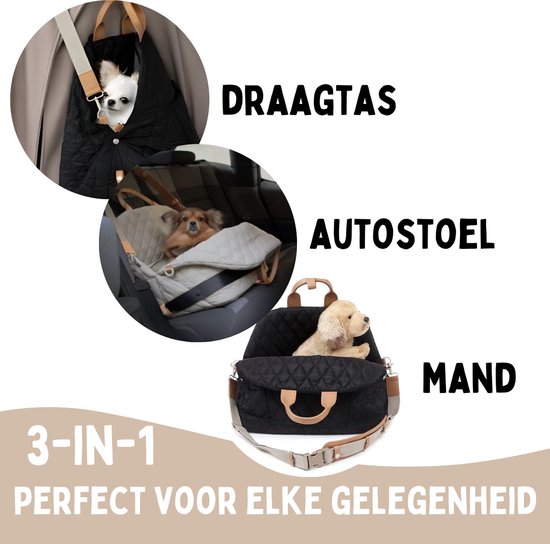 By Cee Cee Carry Bag Dog - Luxus Reisetasche Autositz Hund und Hundekorb in 1 - Schwarz mit Cognac - Hundetasche geeignet für kleine Hunde