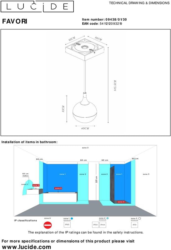 Lucide FAVORI – Badezimmer-Hängeleuchte – 1xGU10 – IP44 – Schwarz