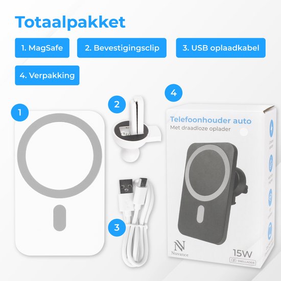 Nuvance - Auto-Telefonhalterung - Geeignet für MagSafe iPhone 12/13/14/15 - Telefonhalterung mit drahtlosem Ladegerät - Magnetische Autohalterung - Weiß