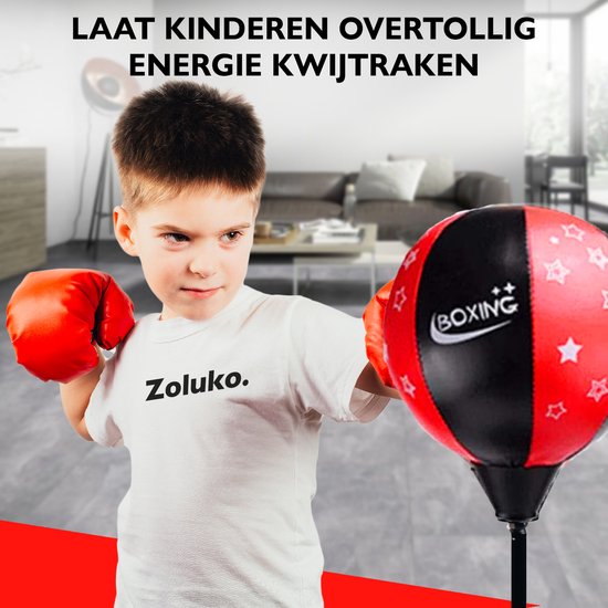 Zoluko Boxball auf Fuß für Kinder - Inkl. Boxhandschuhe und aufblasbare Pumpe - Höhenverstellbar - Für drinnen und draußen - Boxball auf Ständer - Boxtrainer - Boxstange - Boxset Kinder - Boxball stehend - Boxen - Heimsport - Schwarz/Rot