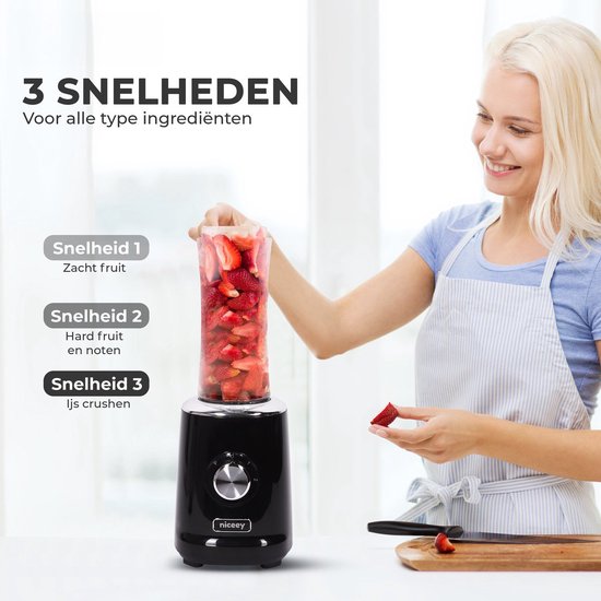 Niceey Mini Blender - Smoothie Maker - Mixer Smoothie - Entsafter - 500W - mit 2 To-Go Bechern - Schwarz