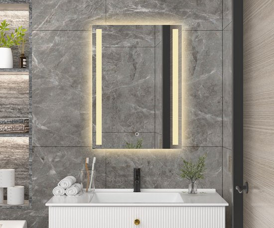 Mirlux Badezimmerspiegel mit LED-Beleuchtung & Heizung - Wandspiegel rechteckig- Anti-Kondensations-Duschspiegel - 90x65CM