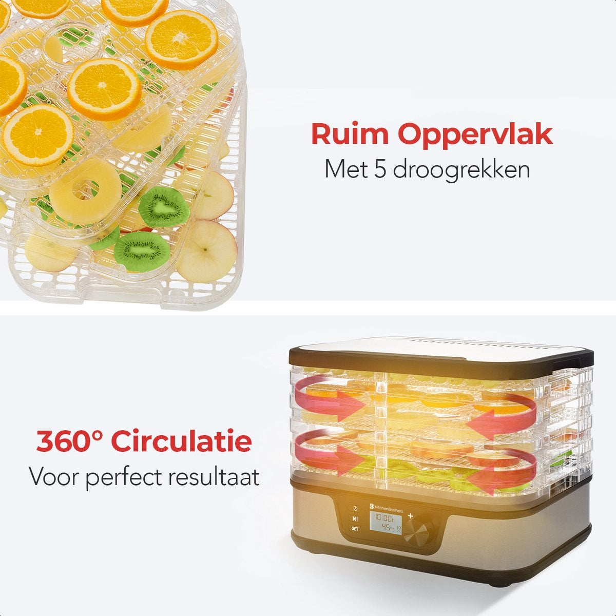 KitchenBrothers Dörrgerät - Elektrisch 380W - 5 Schichten - 9 Heizstufen - 35°C bis 75°C - LCD Display - Timer - Edelstahl/Schwarz