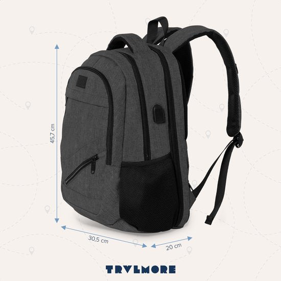 TRVLMORE Rucksack mit Lifetime - Rucksack mit 15.6 Zoll Laptopfach - Schultasche - Spritzwassergeschützt - Männer und Frauen - Jungen und Mädchen - 28L - Anthrazit
