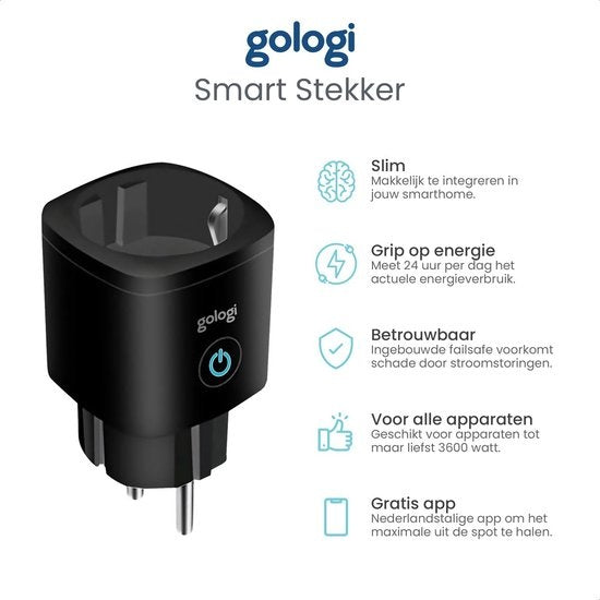 Gologi Smart plug - Smart plug - Timer & Energiezähler - WIFI - Google Home & Amazon Alexa - 4 Stück - Schwarz