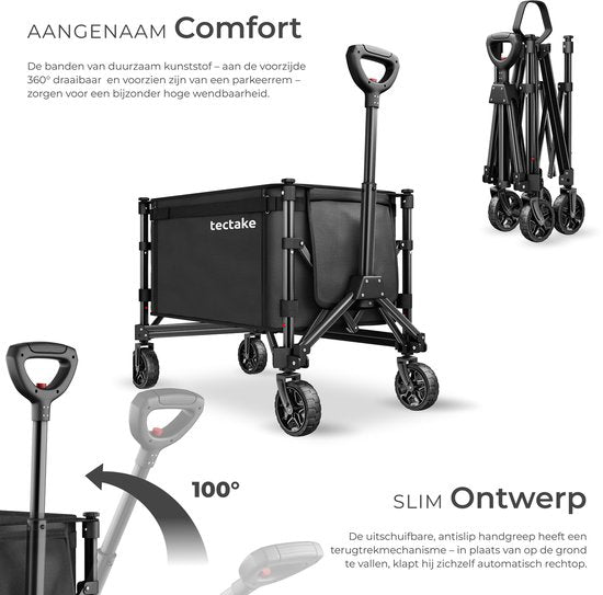tectake® Handwagen – Zusammenklappbar – 60 kg Tragkraft – Schwenkbare Massivräder – 47 x 83 x 90 cm - Handkarren – Transportwagen – Mit verstellbarer Schiebestange – Handkarren – Wasserabweisender Transportwagen – Mit Ablagebrett und Innenfach