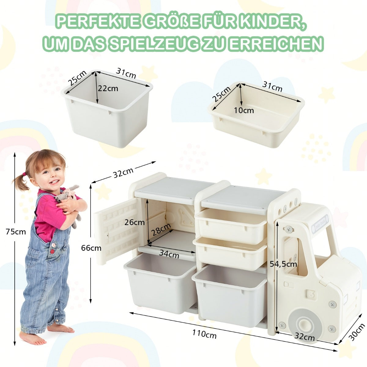 Coast Toy Rack 2 Level Kinderregal mit Schubladen und Aufbewahrungsboxen 110 x 32 x 66 cm