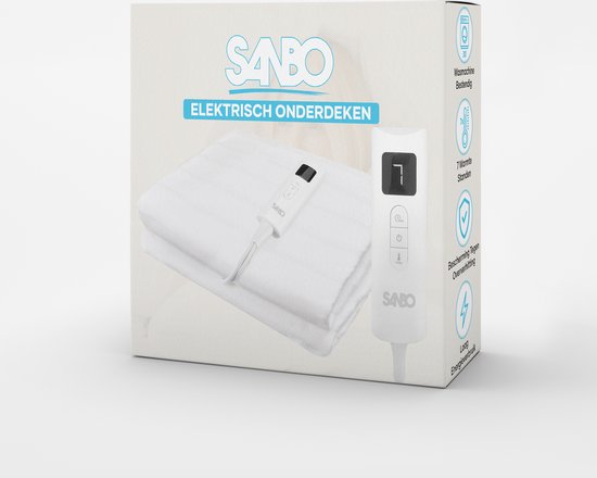 Sanbo Electric Blanket - Waschmaschinenfest - Unterbett - 150 x 80 cm - 7 Stufen - Mit Eckgummis - 1 Person