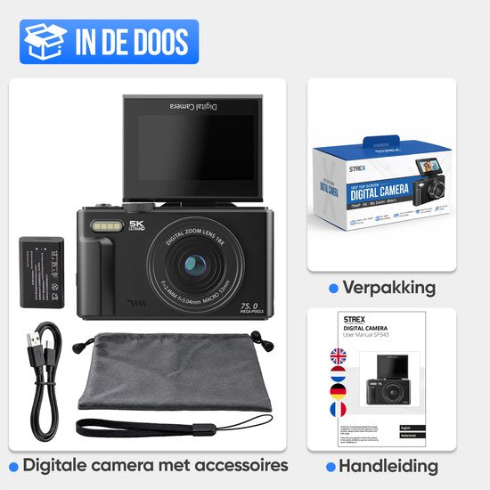 Strex Digitalkamera 5K 75 MP – Fotokamera – Kompaktkamera mit WLAN – Vlog-Kamera – Fotokamera für Kinder – 18-facher Zoom – schwenkbares Display – Schwarz