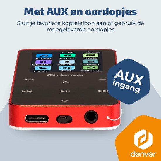 Denver MP3/MP4-Player – Bluetooth – Zufallswiedergabe/Wiederholung – SD-Karte bis zu 128 GB – inkl. Ohrhörer – Diktiergerät – MP1830R – Rot