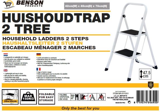 Benson klappbare Haushaltsleiter 2 Stufen - Anti-Rutsch - 70cm - Bis zu 150 kg