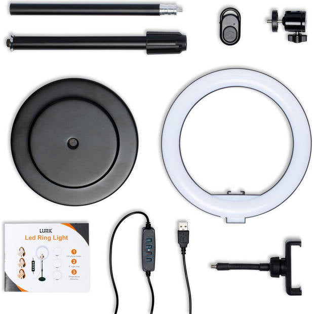 LURK® Ringlampen-Set 8-Zoll-LED - Verstellbares Stativ - Fernbedienung - Geeignet für Smartphone