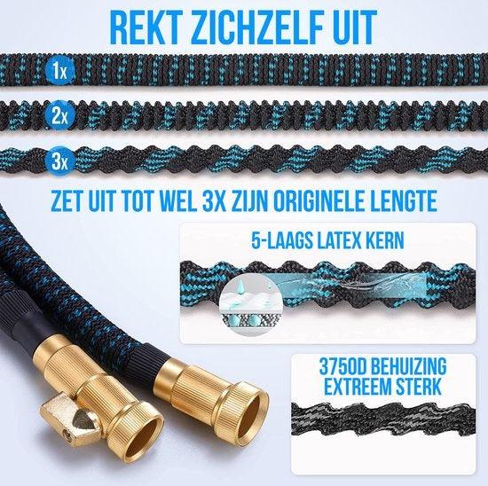 Strex Flexibler Gartenschlauch 15 m mit Sprinklerkopf - ausziehbar - inkl. Kupplungen, Aufhängehaken und Aufbewahrungstasche